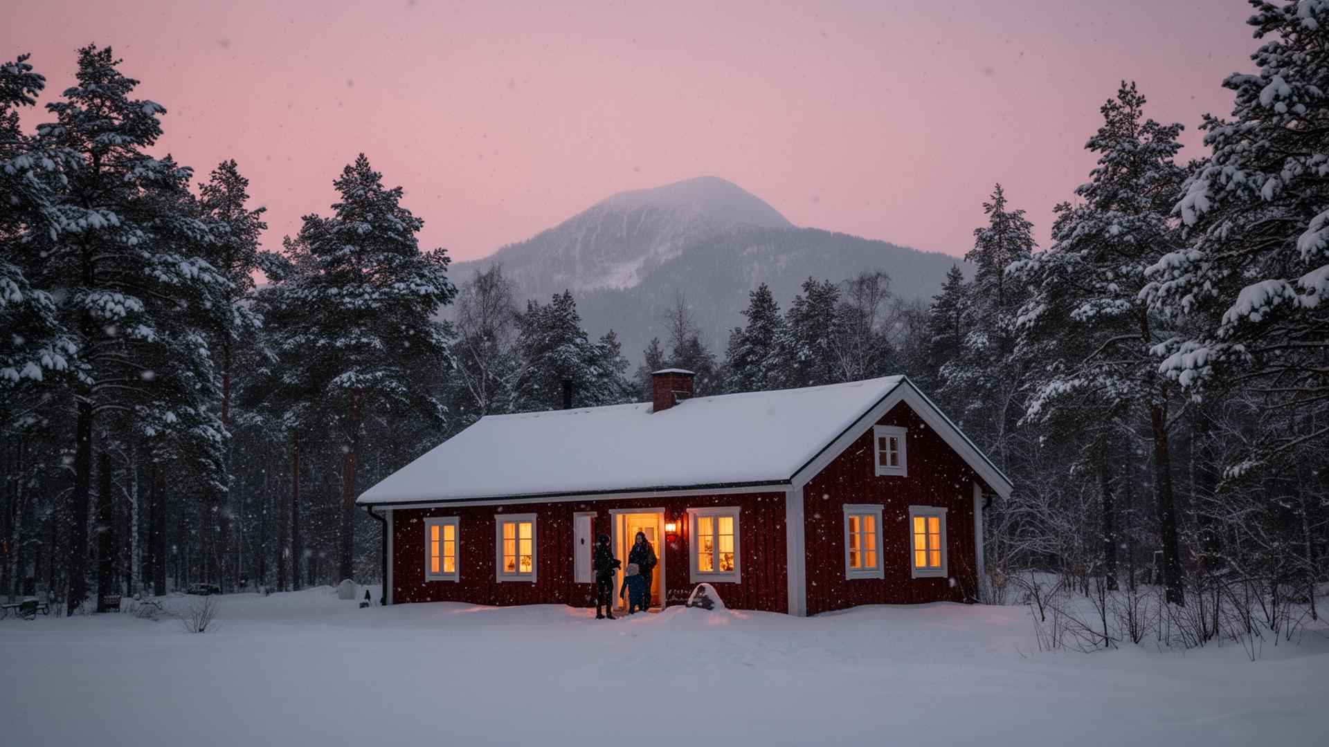 Röd svensk stuga i snöfall vid skymning